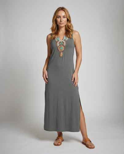 Damen lässiges Maxikleid mit Schmuck-Ausschnitt