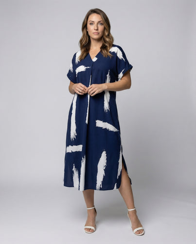 Damen luftiges Oversize-Midikleid mit Pinsel-Print