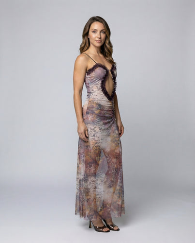 Damen Mesh-Maxikleid mit Rüschenbesatz