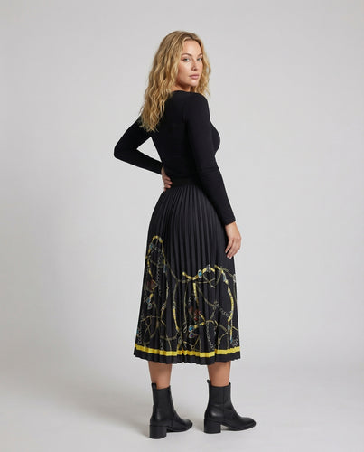 Damen plissierter Midirock mit Ketten-Print