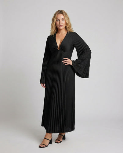 Damen plissiertes Maxikleid mit Trompetenärmeln