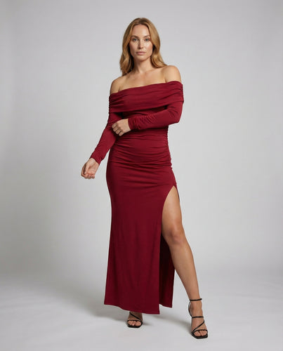 Damen schulterfreies Abendkleid mit Raffung