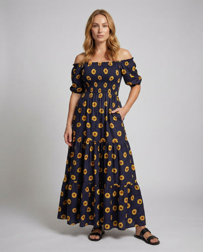 Damen smockiertes Boho-Maxikleid mit Stufenrock