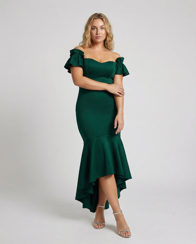 Damen tailliertes Carmen-Midikleid mit Volantbesatz