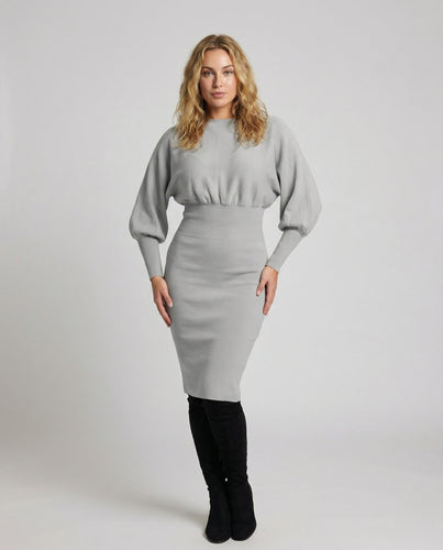 Damen tailliertes Strickkleid mit Ballonärmeln