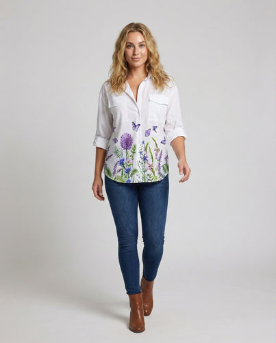 Damen weite Hemdbluse mit Blumenwiesenmotiv