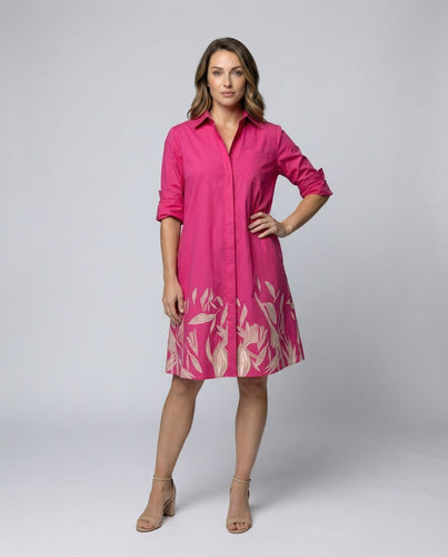 Damen weites Hemdblusenkleid mit floralem Saumprint