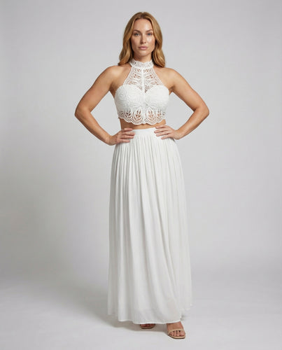 Damen zweiteiliges Gala-Maxikleid mit Häkelspitze