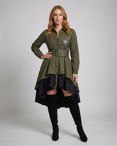 Damen asymmetrisches Hemdblusenkleid mit Stufenrock