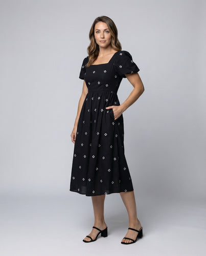 Damen besticktes Midikleid mit Puffärmeln