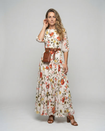 Damen florales Chiffon-Maxikleid mit Ballonärmeln