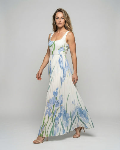Damen florales Plissee-Maxikleid mit Taillenband