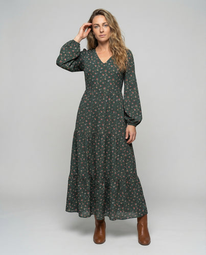 Damen langes Viskosemix-Kleid mit Ballonärmeln