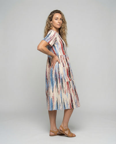 Damen lässiges Kurzarm-Midikleid mit Pinselstrich-Print