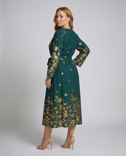Damen Midikleid mit floraler Musterung und Gürtel