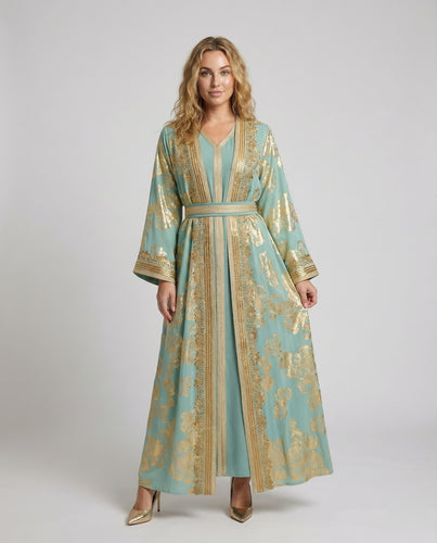 Damen opulenter Gala-Kaftan mit Goldspitzen-Borte