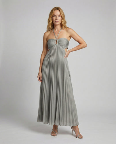 Damen plissiertes bodenlanges Maxikleid mit Cut-outs