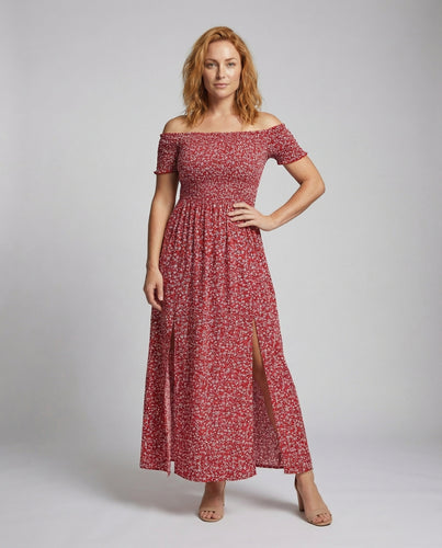 Damen schulterfreies Maxikleid mit Smock-Oberteil