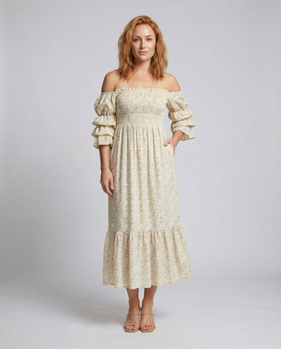 Damen schulterfreies Maxikleid mit Stufenvolant