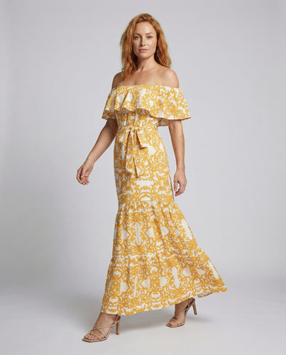 Damen schulterfreies Maxikleid mit Volantkragen