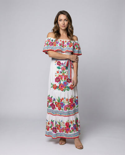 Damen schulterfreies Volant-Maxikleid mit Stufenrock