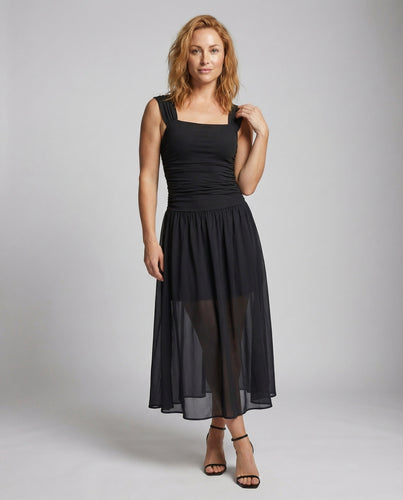 Damen tailliertes Maxikleid mit Chiffon-Überrock