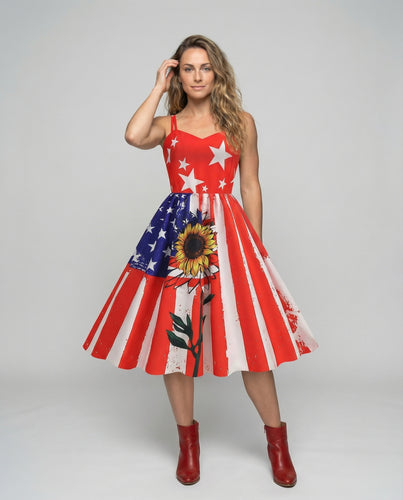 Damen Vintage-Swingkleid mit Flaggen-Sonnenblumenprint