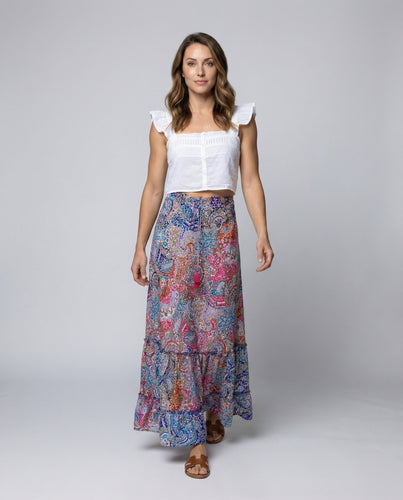 Damen fließender Stufenmaxirock mit Paisley-Druck