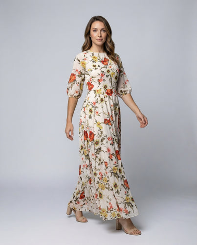 Damen florales Maxikleid mit Bindegürtel