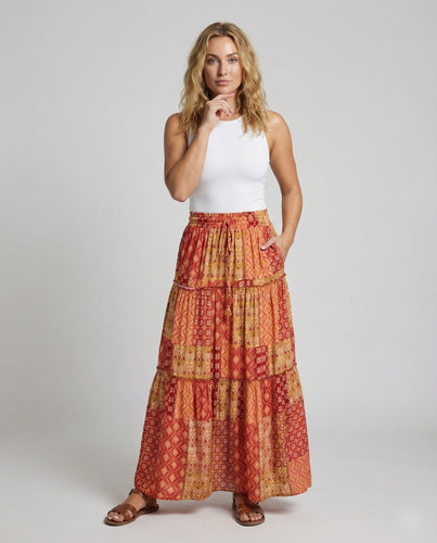 Damen gestufter Maxirock im Patchwork-Boho-Stil