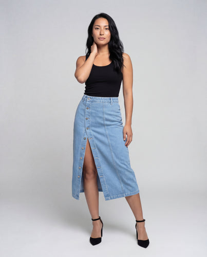 Damen hochgeschnittener Midi-Denimrock mit Cargotasche