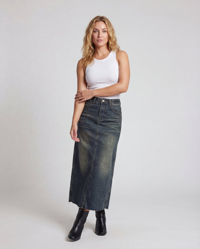 Damen hochtaillierter Jeans-Maxirock mit Waschung