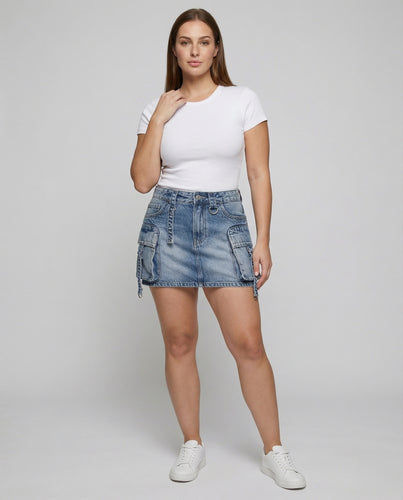 Damen kurzer Utility-Jeansrock mit Cargo-Taschen