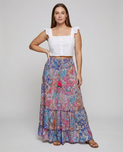 Damen gestufter Boho-Patchwork-Rock mit Volant