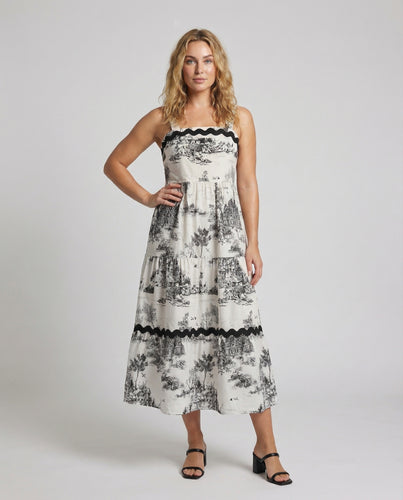 Damen Maxikleid mit ländlichem Motiv und Zierborte