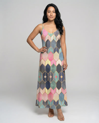 Damen geometrisches Maxikleid mit Swing-Schnitt