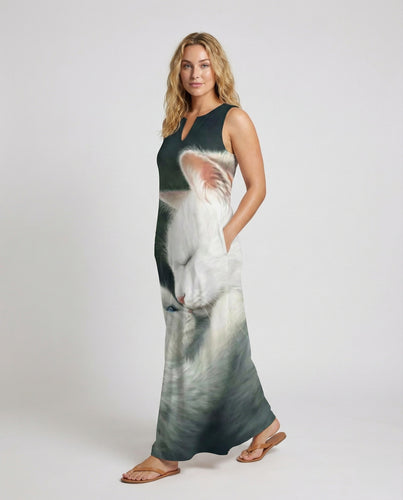 Damen Maxikleid mit großflächigem Katzenmotiv