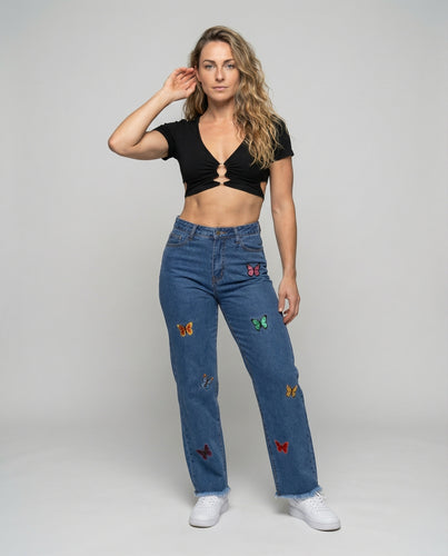 Damen gerade Jeans mit Schmetterlingsstickereien