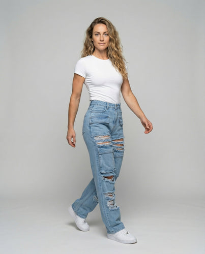 Damen zerrissene Cargo-Jeans mit geradem Bein