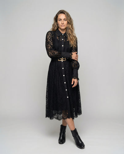 Damen Edle Perlenknöpfe Spitzen-Midikleid