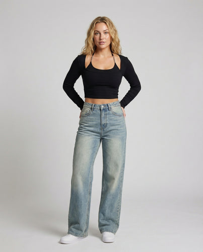 Damen Lockere Weitbein Vintage-Denimhose