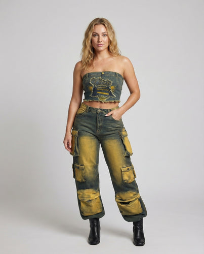 Damen Coole Trägerlose Jeans-Set