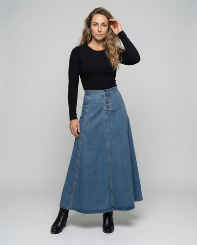 Damen Jeansmaxirock mit dekorativer Knopfleiste