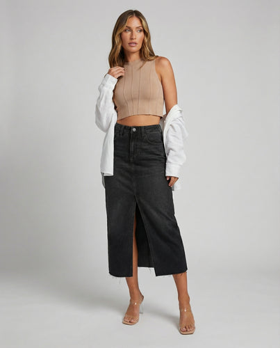Damen Jeans-Midirock mit Frontschlitz