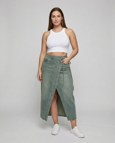 Damen Wickel-Jeansmaxirock mit Beinschlitz