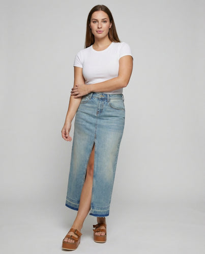 Damen Jeans-Maxirock mit ausgefranstem Saum