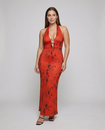 Damen Neckholder-Maxikleid mit Zierösenfront