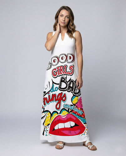 Damen Pop-Art-Maxikleid mit V-Schlitz