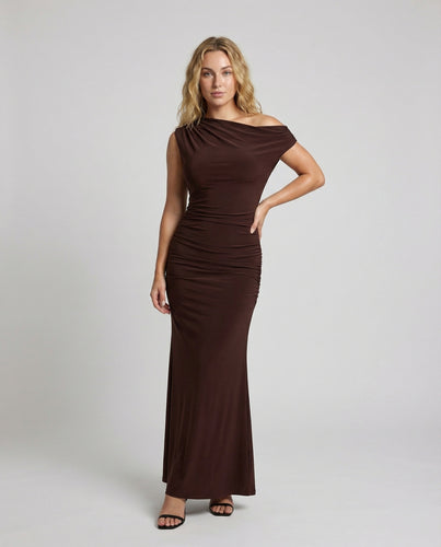 Damen Schmale Einseitige-Schulter Maxikleid