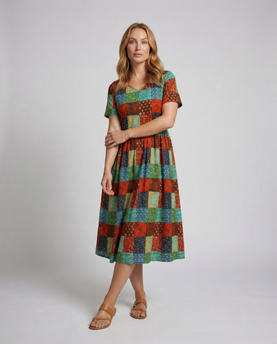 Damen Geraffte Kurze-Ärmel Boho-Quiltkleid
